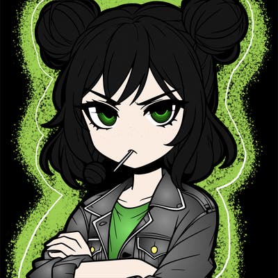 an anime girl with pigtails buns that are loose and free, she is wearing a jean jacket with her arms crossed. she has a lollipop in her mouth with her eyes narrowed. she looks very cool and daring