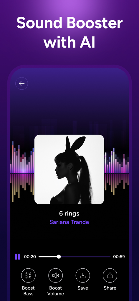 Interface of the Volume Booster app showing a music player with AI sound enhancement features and bass boost controls