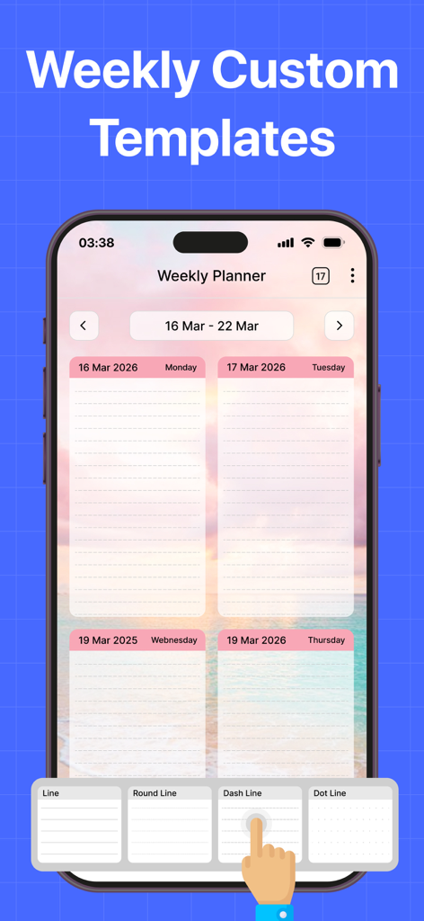 Daily Planner- Digital Planner - Pantalla de plantillas personalizadas semanales en la aplicación Planificador Diario que muestra varias opciones de estilo de línea