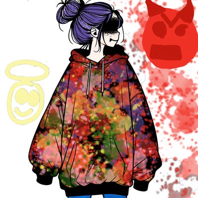 realistic girl with a oversized sweatshirt on and a bun