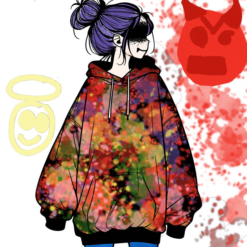 realistic girl with a oversized sweatshirt on and a bun