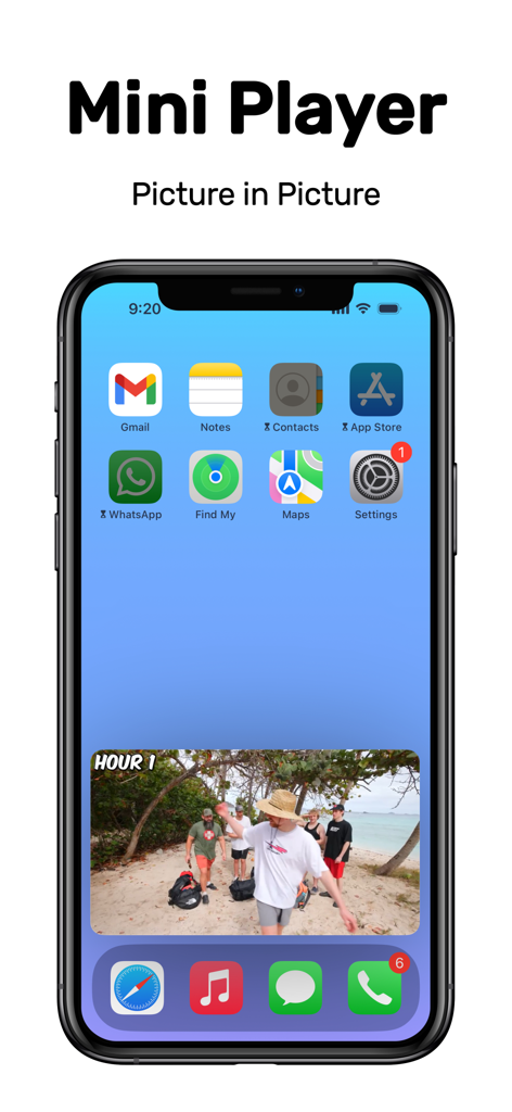 iPhone home screen showing a floating video window with Viddle Picture in Picture mode