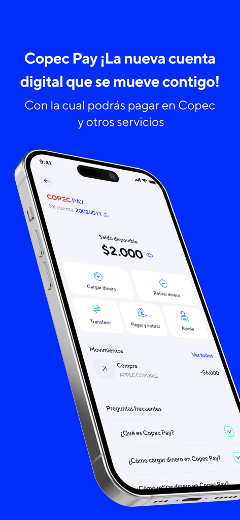 iPhone screen showing the Copec Pay digital account interface with available balance and payment options