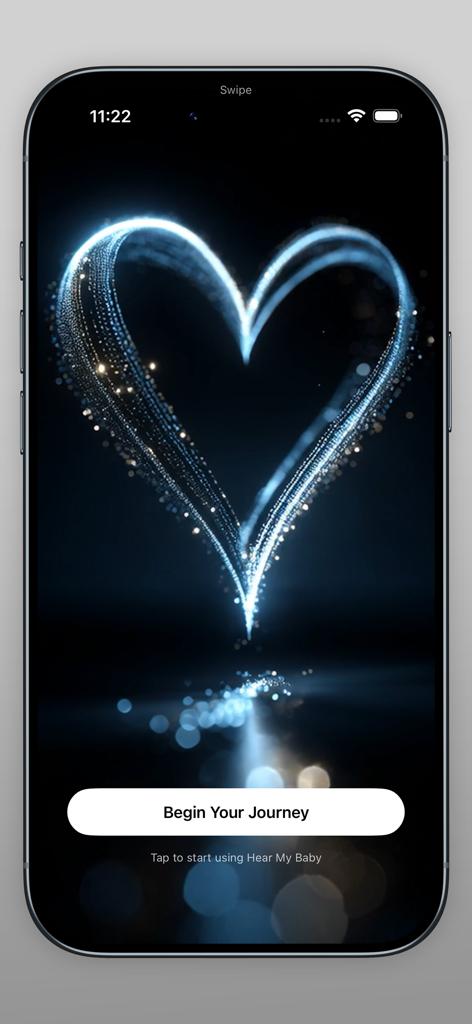 Hear My Baby Heartbeat App 2.0 - Pantalla de inicio de la aplicación Hear My Baby con un corazón de luz brillante y el botón Comenzar tu viaje