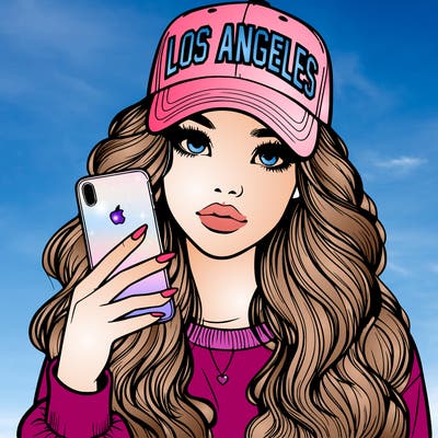 realistic beautiful girl wearing los ángeles cap holding an iphone