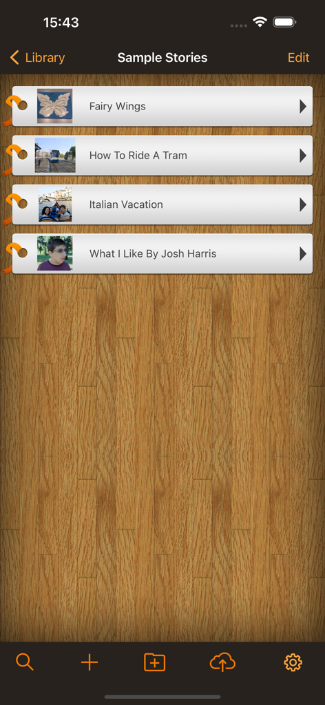 Pictello Visual Stories - The sample stories library in the Pictello app displaying several visual story titles.