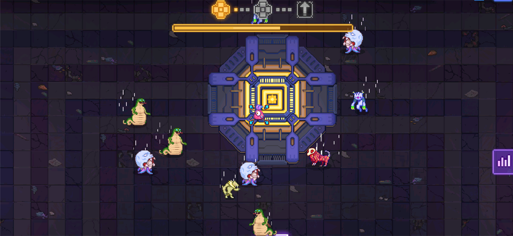 Bioweaver - A top-down pixel art combat scene in Bioweaver showing a character surrounded by mutant creatures in an underground laboratory.