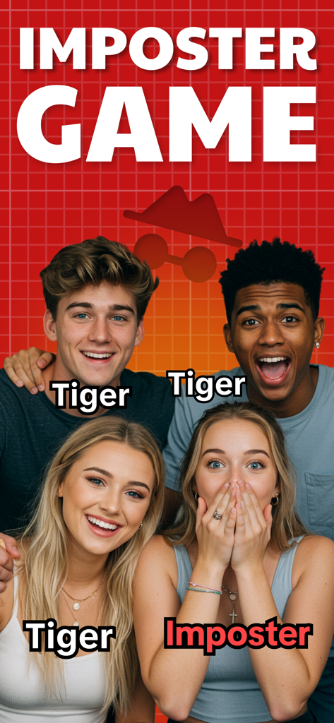 Four young friends playing the Imposter Game social deduction party app