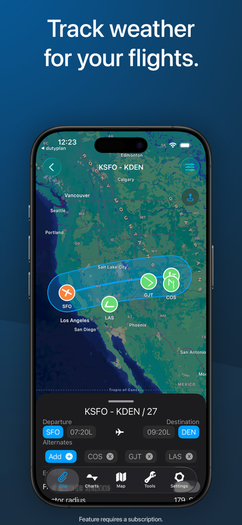 StationWeather app interface displaying a flight route from San Francisco to Denver with integrated weather icons and route planning tools on a map.