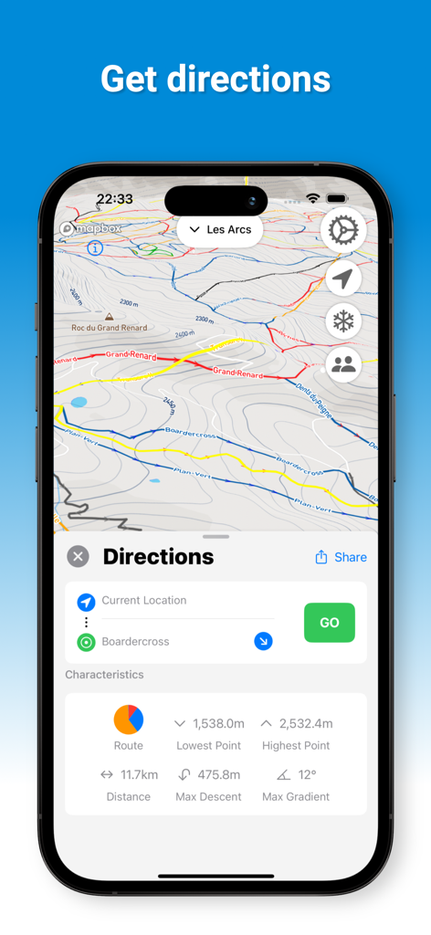 LastLift - Ski & Snowboard - LastLift app interface showing point to point ski navigation and route statistics on a topographic map