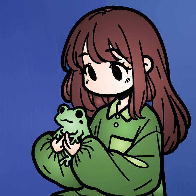girl with long hair and a oversized shirt. and she is holding a frog