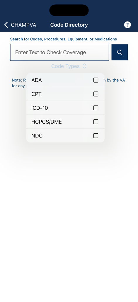 The CHAMPVA app interface showing the medical code directory search screen with a list of code types including ADA, CPT, and ICD-10.