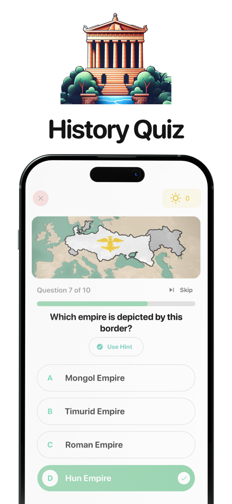 History Games: Trivia - 지도상의 제국 경계를 보고 제국을 식별하라는 메시지를 표시하는 역사 퀴즈 앱 화면