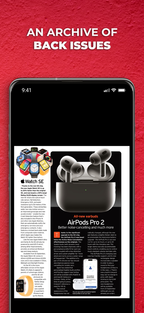MacFormat - MacFormat app screen displaying an article about Apple Watch and AirPods