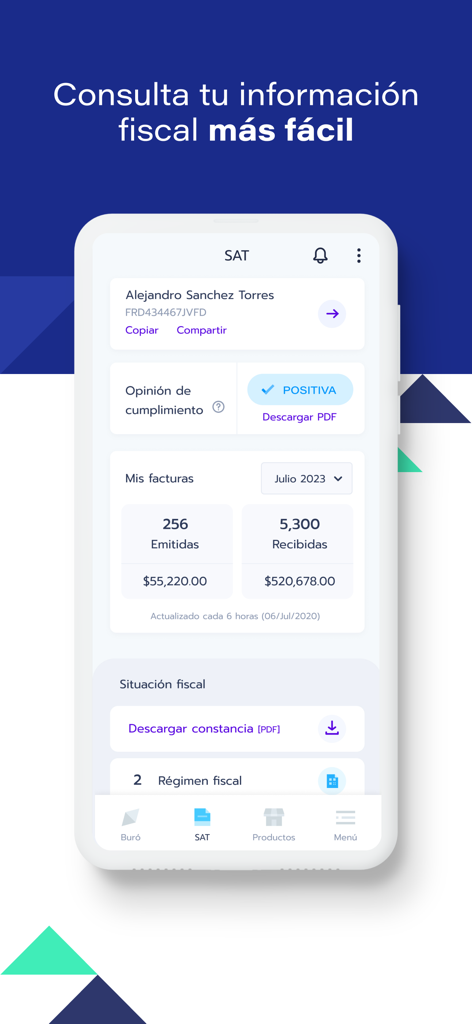Screenshot of the Zenfi mobile app showing the SAT dashboard with tax compliance status, invoices, and fiscal documents for Mexican taxpayers.