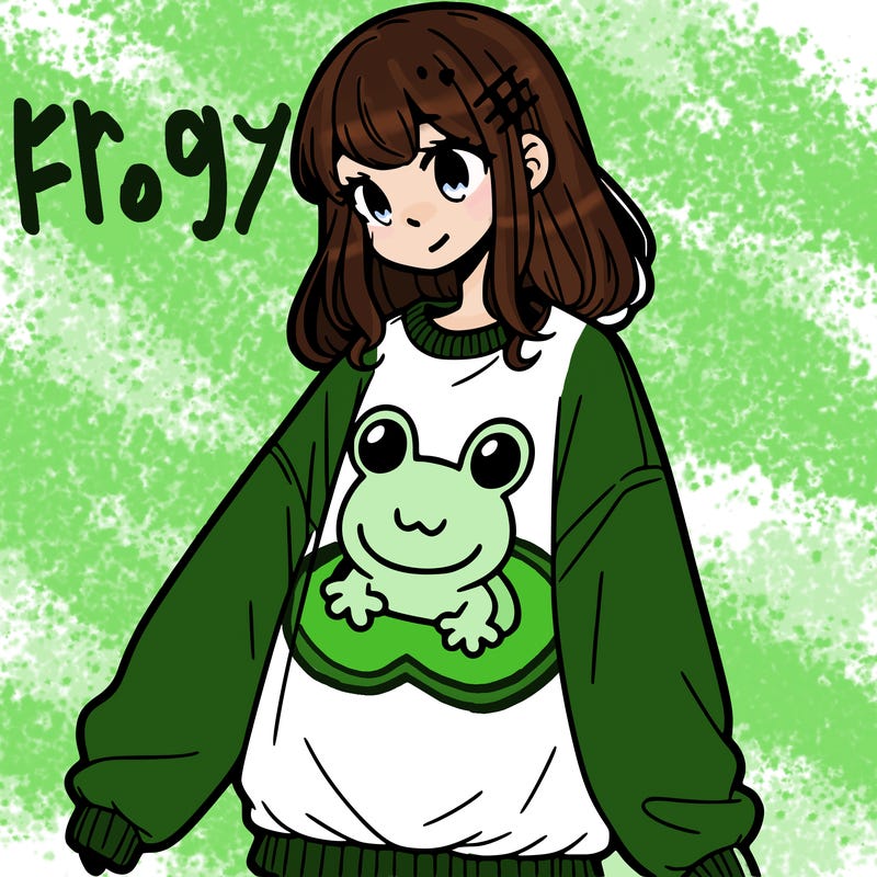 girl wearing frogging sweatshirt