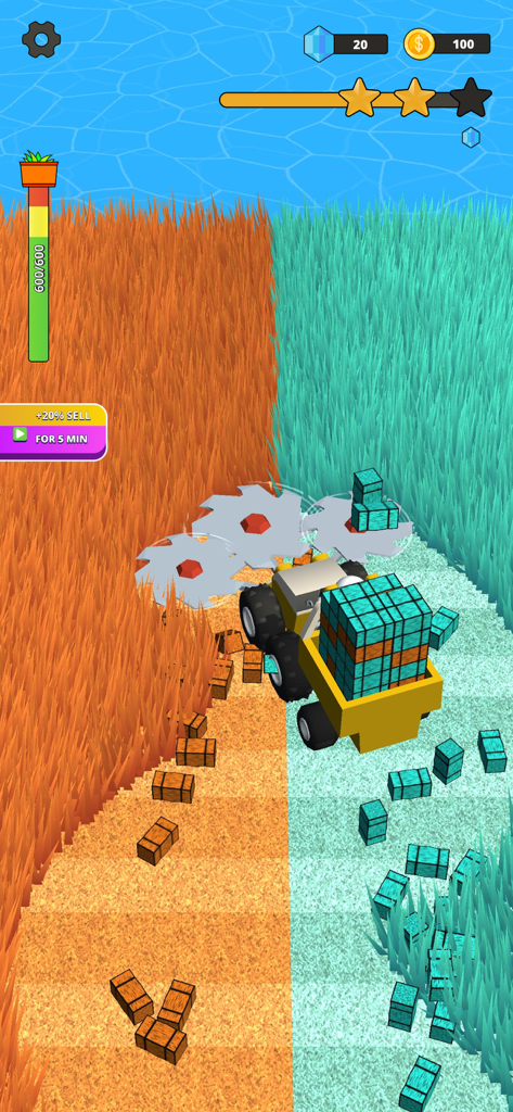 Stone Grass: Lawn Mower Game - A yellow lawn mower vehicle cutting through orange and teal grass fields while collecting blocks in a trailer.