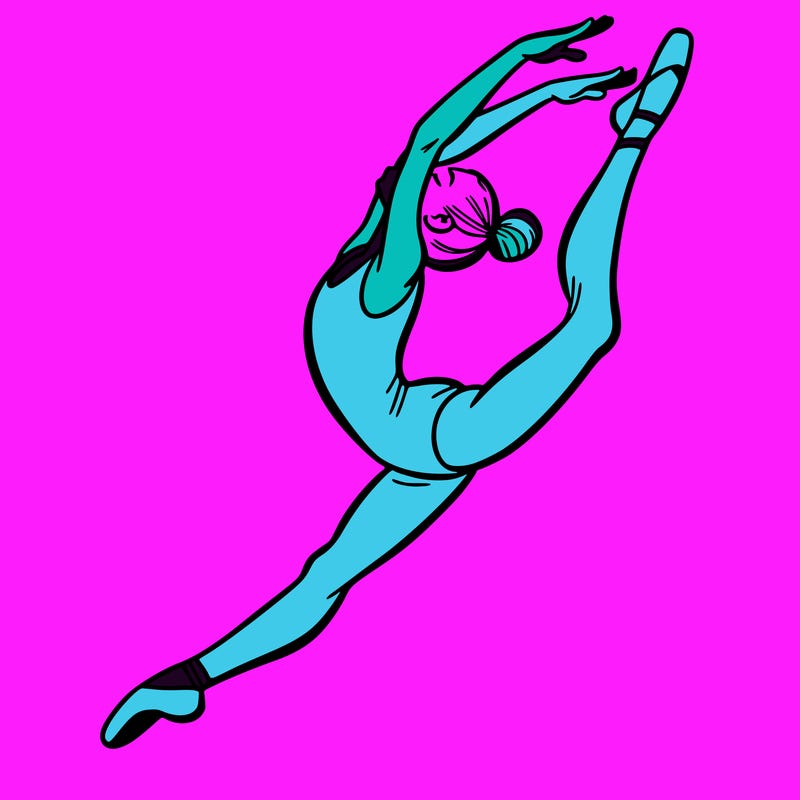gymnast doing a leap in a leotard with a bent back leg