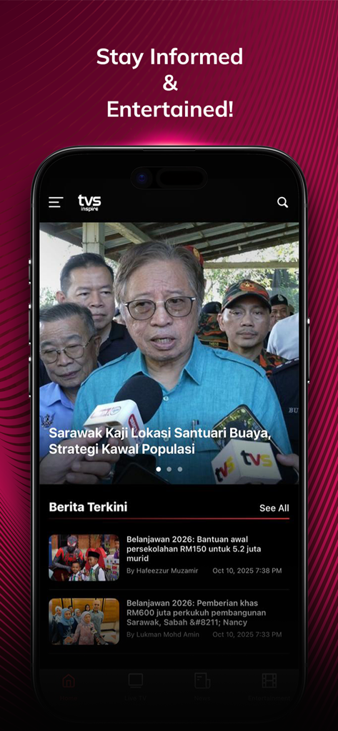 TVS Inspire app home screen displaying regional news stories from Sarawak Malaysia