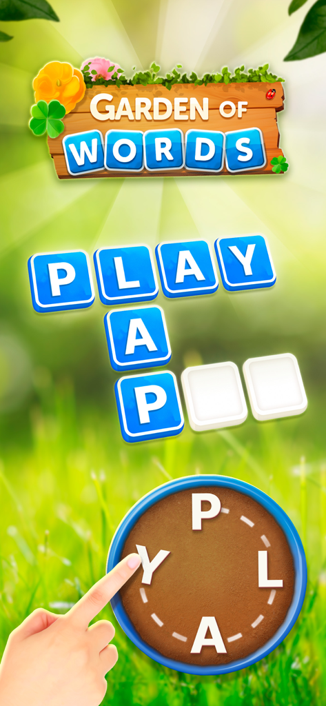 Word Garden : Crosswords - Word Garden Gameplay, das eine Hand zeigt, die Buchstaben wischt, um ein Kreuzworträtsel auf einem Gartenhintergrund zu lösen.