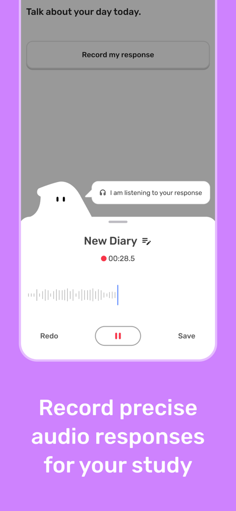 Fabla - Audio Diary Kit - Fabla app interface showing a voice recording screen for a daily research diary entry