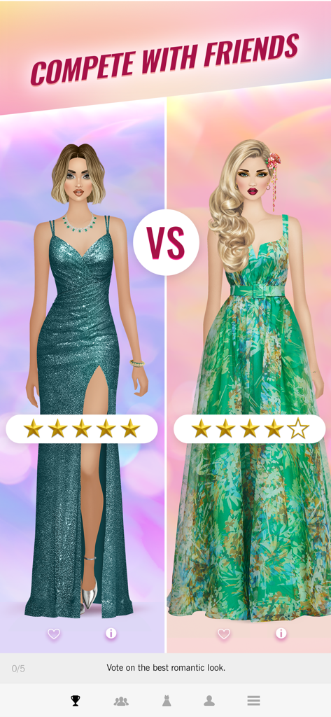 Dos modelos elegantes con vestidos de noche uno al lado del otro para una votación de concurso de moda