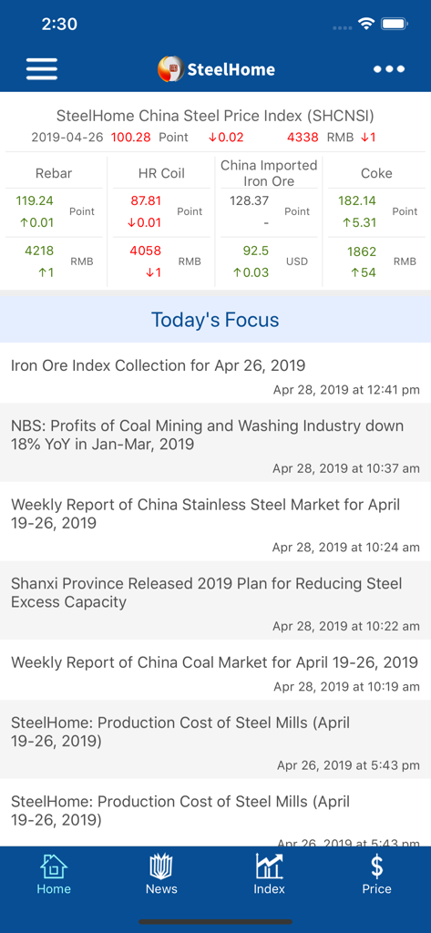 SteelHome - SteelHome app dashboard with Chinese steel prices and industry news