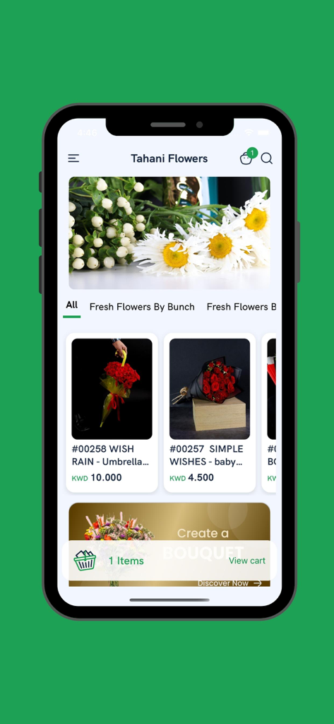 Tahani Flowers - زهور التهاني - Tahani Flowers mobile app interface displaying a selection of luxury flower arrangements for sale with prices in KWD