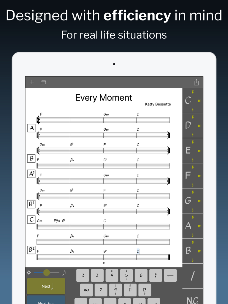 iPad interface of Chordsheet Maker showing a professional lead sheet with a specialized music keyboard for quick chord entry