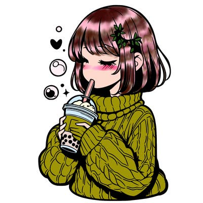 manga girl drinking boba in cozy sweater