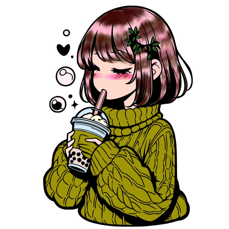 manga girl drinking boba in cozy sweater