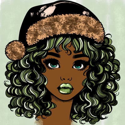 realistic girl with a santa hat curly hair and lips