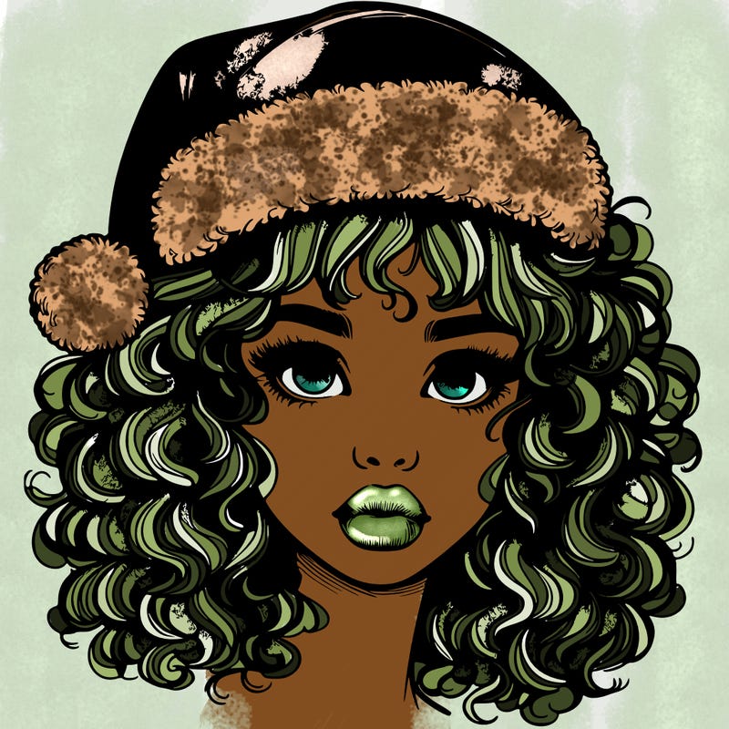 realistic girl with a santa hat curly hair and lips