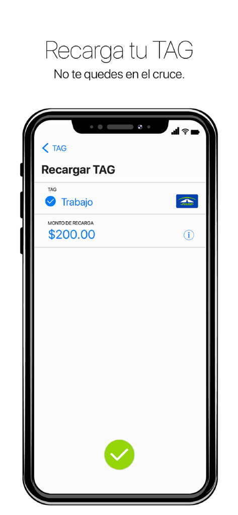 Mueve Ciudad app interface showing a screen to recharge a travel tag for 200 pesos