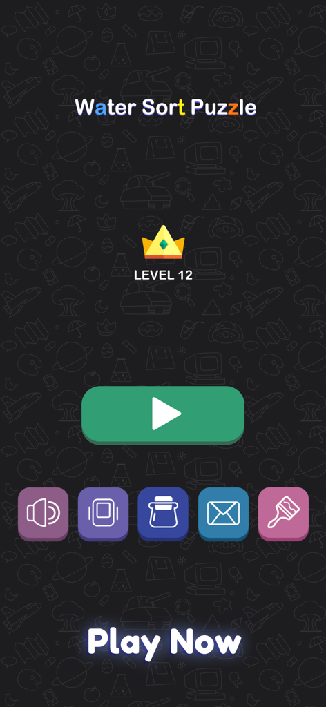 Menu principale del gioco Water Sort Puzzle con un indicatore di livello e un pulsante di riproduzione.