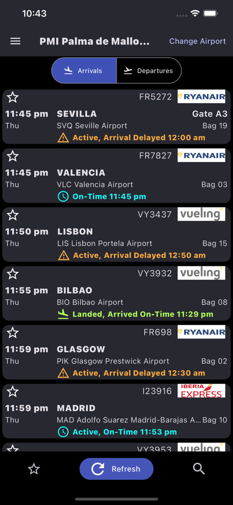 Écran mobile affichant les arrivées de vols en temps réel et les informations de récupération des bagages pour l'aéroport de Palma de Majorque
