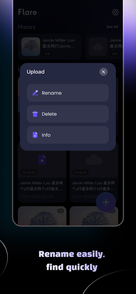 Flare-Powerful Decode - Flare Playerアプリのインターフェース。ローカルビデオファイルのリネームおよび削除オプションが表示されています。