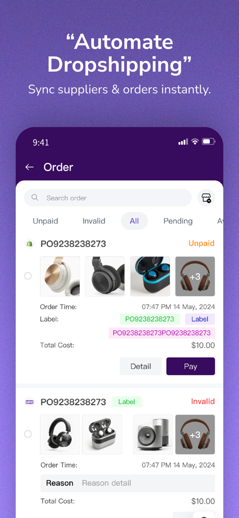 TeemDropアプリのインターフェース。自動化されたドロップシッピング注文管理とサプライヤー同期を表示しています