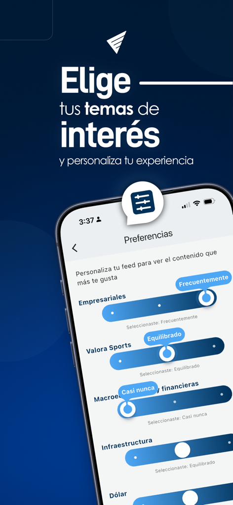 Interfaz de la aplicación móvil que muestra la configuración de preferencias de noticias para personalizar el contenido económico y empresarial.