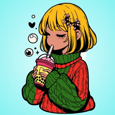 manga girl drinking boba in cozy sweater