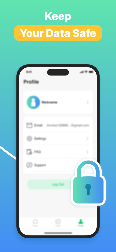 MyHeartPal-Blood Pressure App - MyHeartPal app profile screen showing data security features with a large padlock icon and the text Keep Your Data Safe