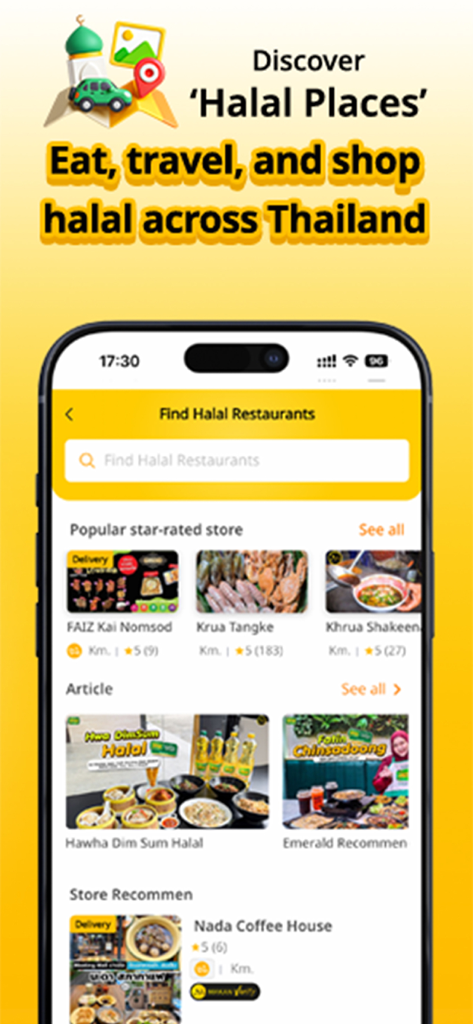 Makan Halal - Makan Halal app interface for discovering halal restaurants and travel places in Thailand