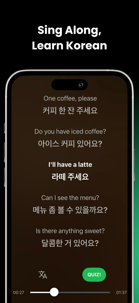 Melos - Learn Languages - Melos app screen showing Korean song lyrics with English translations for language learning