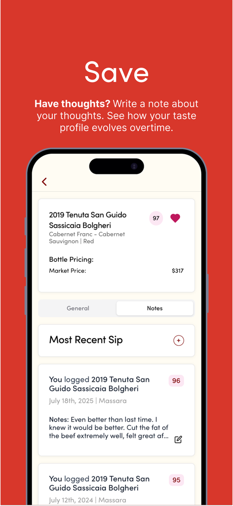 Interface of the Wine Find app showing personal wine logs and tasting notes for a premium bottle of red wine.