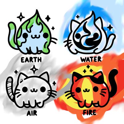 4 cats that represent the different elements, earth, water, air, and fire