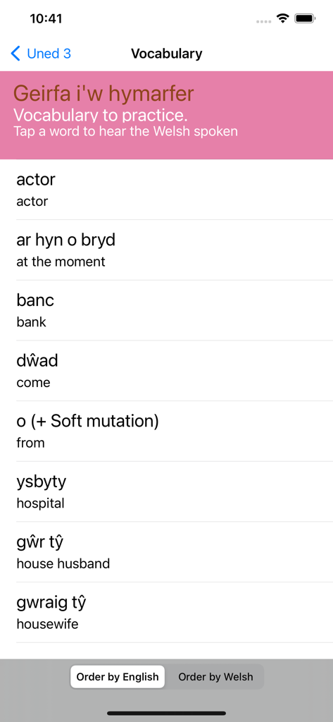 Cwrs Mynediad - A list of Welsh vocabulary words with their English translations in the Cwrs Mynediad mobile app.