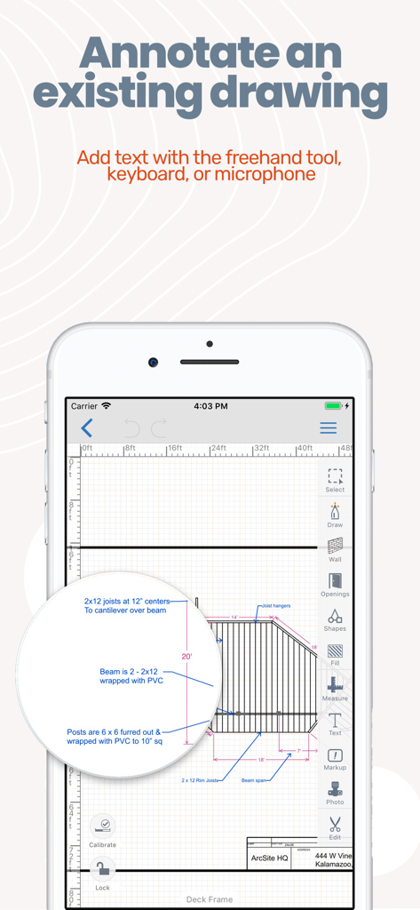 Interfaccia dell'app ArcSite che mostra annotazioni di testo dettagliate su un disegno di planimetria di telaio di un ponte