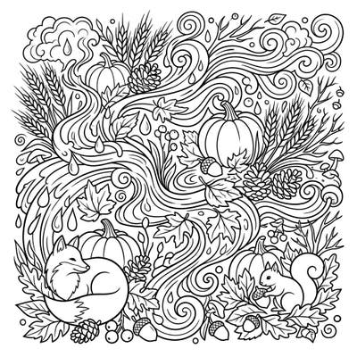 Discover a unique autumn coloring page, where fall harvest scenes meet dynamic aquatic patterns. This intricate design offers a refreshing and relaxing creative escape.