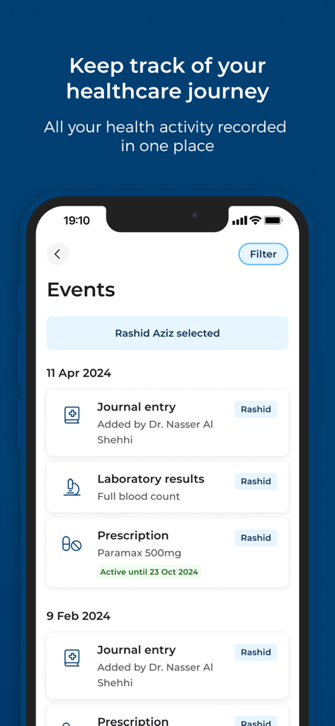 Mediclinic - ميديكلينيك - Mediclinic app interface displaying a patient timeline with medical journal entries, laboratory results, and active prescriptions.