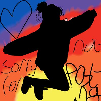 realistic girl jumping with a bun and oversized sweatshirt